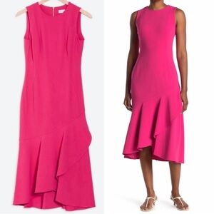 Calvin Klein Hot Pink Asymmetric Ruffle Midi Dress